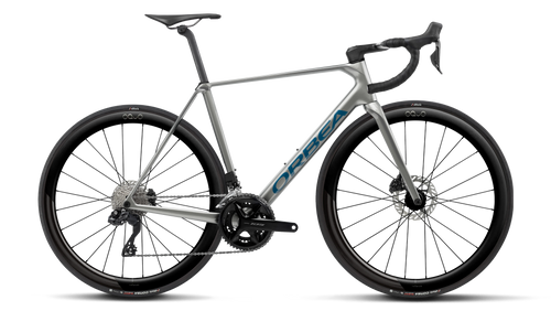 Orbea ORCA M30i LTD PWR Road Bike in Spark Silver - Titain Grey (Gloss), side view