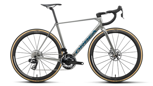 Orbea ORCA M11e LTD PWR Road Bike in Spark Silver - Titain Grey (Gloss), side view