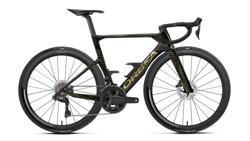 Orbea ORCA AERO M20i LTD Road Bike in Magic Gold C. View - Titanium (Gloss), side view