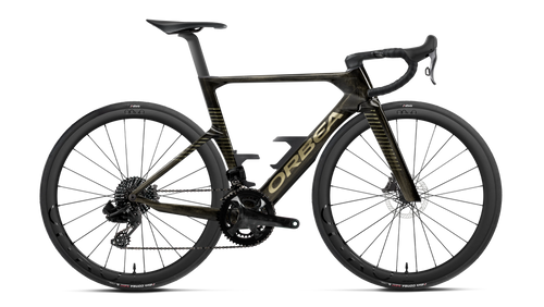 Orbea ORCA AERO M22 LTD Road Bike in Magic Gold C. View - Titanium (Gloss), side view