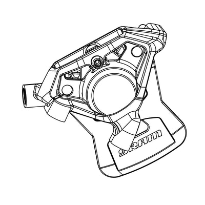 SRAM Disc Brake Caliper Assembly - (Assembled, No Hose) E1 - Flat Mount 2-Piece Front/Rear Black Including Brake Pads (SRAM spare parts catalogue drawing)
