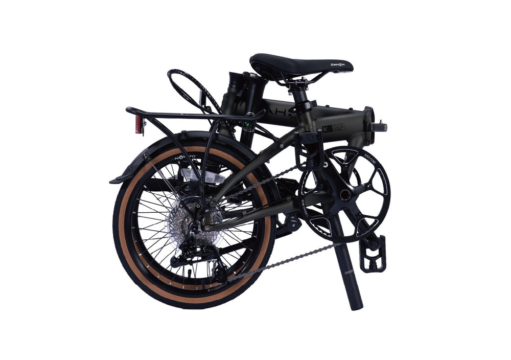 Dahon K9 folding bike in Forest Green, folded