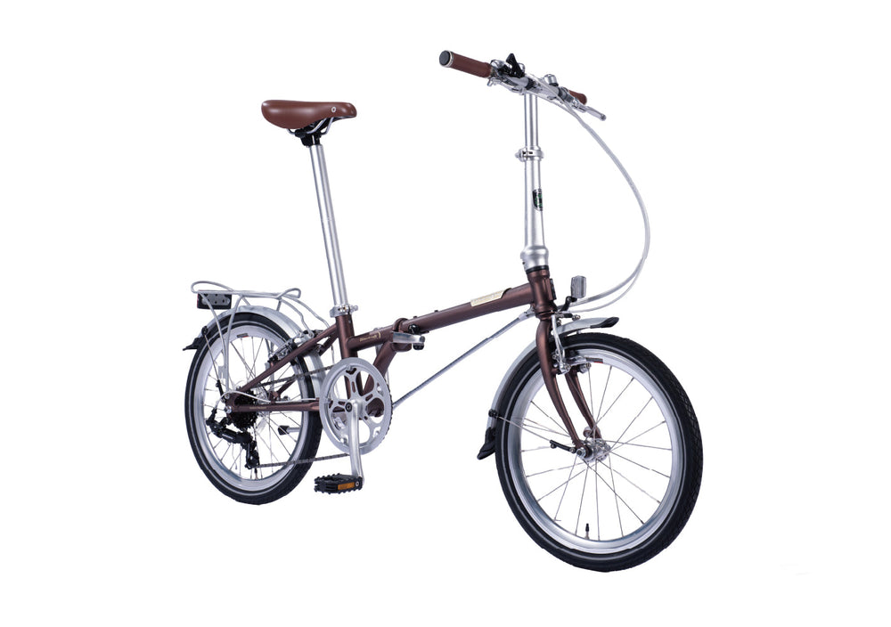 Dahon Boardwalk D7 20" folding bike in Rust Brown, front three-quarter view