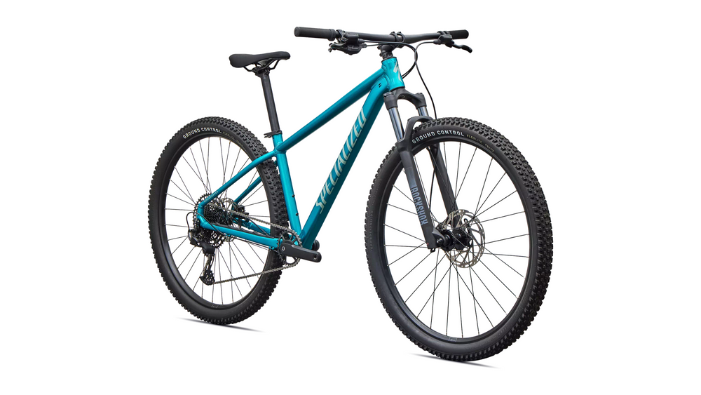 Front three-quarter view, Rockhopper Comp in Gloss Teal Tint / Agave Grey