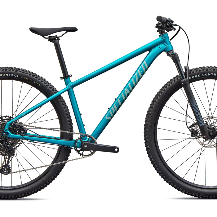 Side view, drive side, Specialized Rockhopper Comp in Gloss Teal Tint / Agave Grey