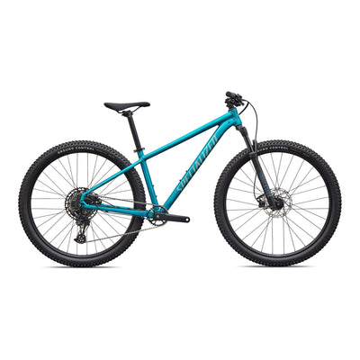 Side view, drive side, Specialized Rockhopper Comp in Gloss Teal Tint / Agave Grey