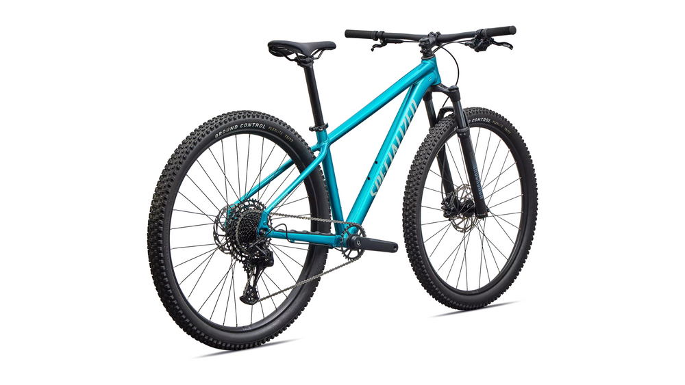 Rear three-quarter view, Rockhopper Comp in Gloss Teal Tint / Agave Grey