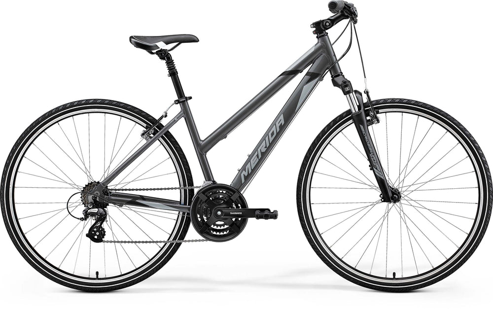 2026 Merida Crossway 10-V Women's Hybrid Bike In Silk Dark Silver, side view