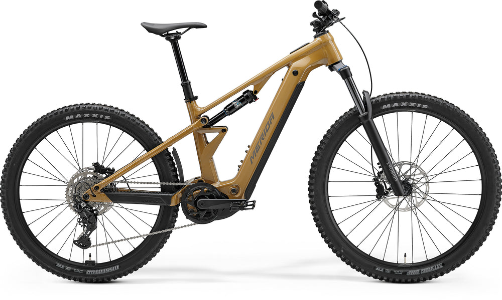 2026 Merida Etmo 400 Electric Full Suspension Mountain Bike In River Clay, side view