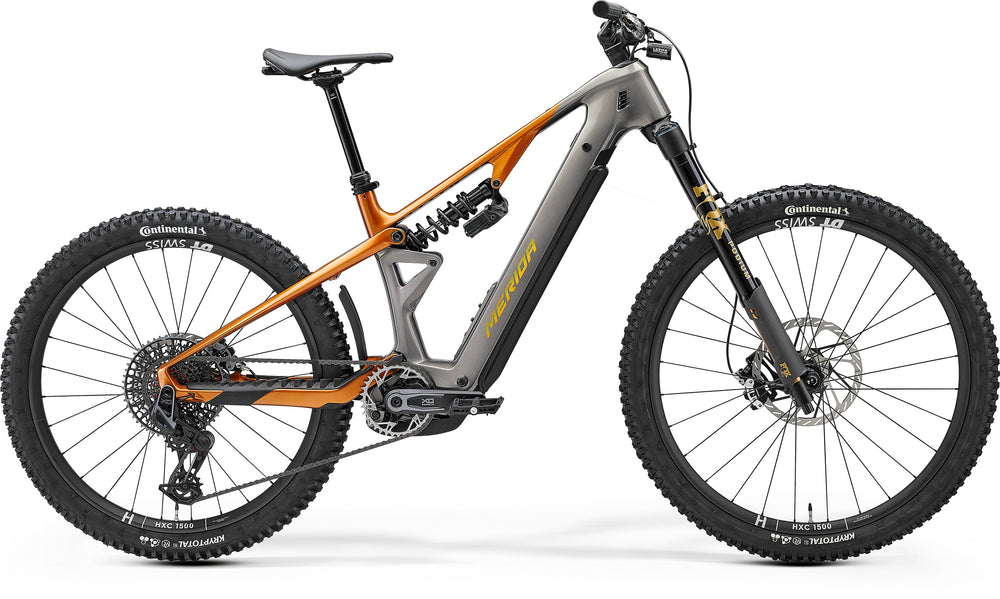 2026 Merida Lithos 10K Electric Full Suspension Mountain Bike In Grey to Wild Honey, side view