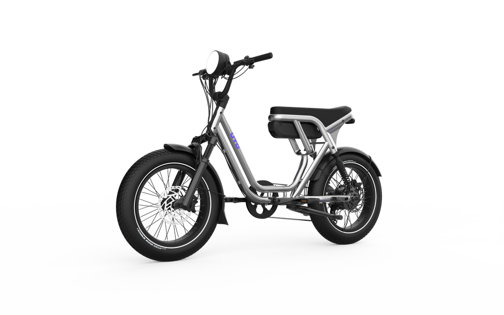 UTO OG200 electric bike in Metallic Silver, three-quarter left