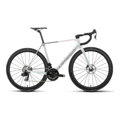 Orbea ORCA M21eTEAM Road Bike in Iris White (Gloss) - Lilac (Matt), side view
