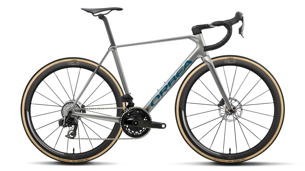 Orbea ORCA M21e LTD PWR Road Bike in Spark Silver - Titain Grey (Gloss), side view