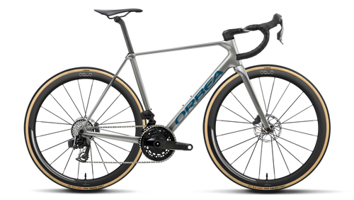 Orbea ORCA M21e LTD PWR Road Bike in Spark Silver - Titain Grey (Gloss), side view