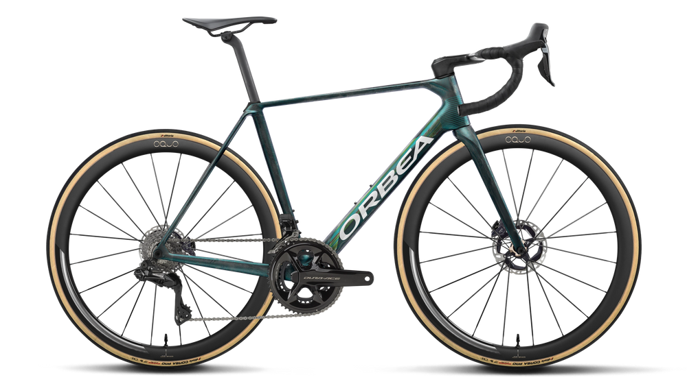 Orbea ORCA M10i LTD PWR Road Bike in Escape Green - Carbon View Matt, side view