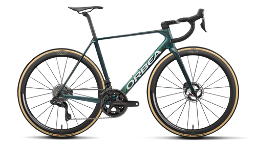Orbea ORCA M10i LTD PWR Road Bike in Escape Green - Carbon View Matt, side view
