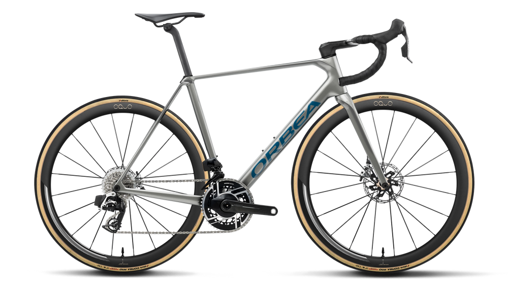 Orbea ORCA M11e LTD PWR Road Bike in Spark Silver - Titain Grey (Gloss), side view