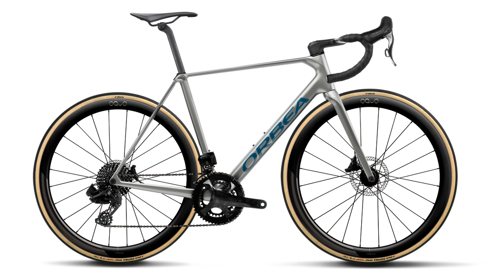 Orbea ORCA M22 LTD PWR Road Bike in Spark Silver - Titain Grey (Gloss), side view