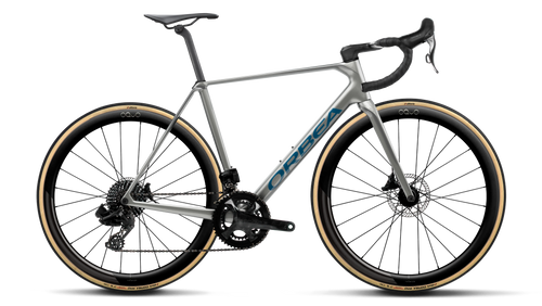 Orbea ORCA M22 LTD PWR Road Bike in Spark Silver - Titain Grey (Gloss), side view