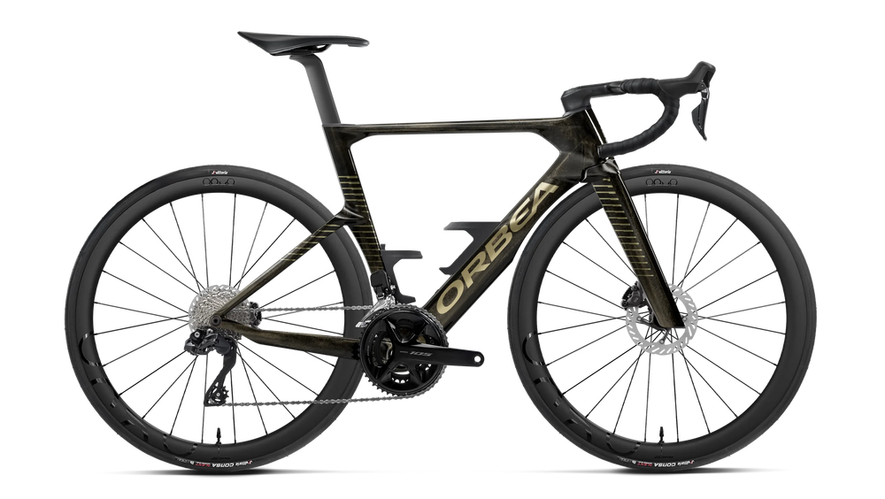 Orbea ORCA AERO M30i LTD Road Bike in Magic Gold C. View - Titanium (Gloss), side view