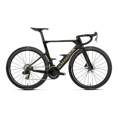 Orbea ORCA AERO M21e LTD Road Bike in Magic Gold C. View - Titanium (Gloss), side view