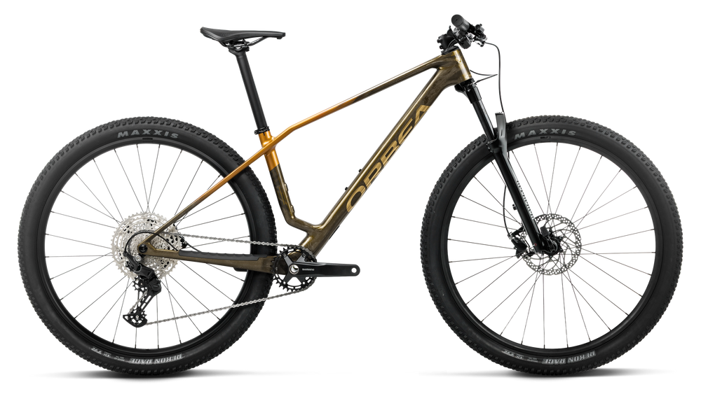 Orbea ALMA M50 Mountain Bike in Caramel Carbon View - Leo Orange (Gloss), side view