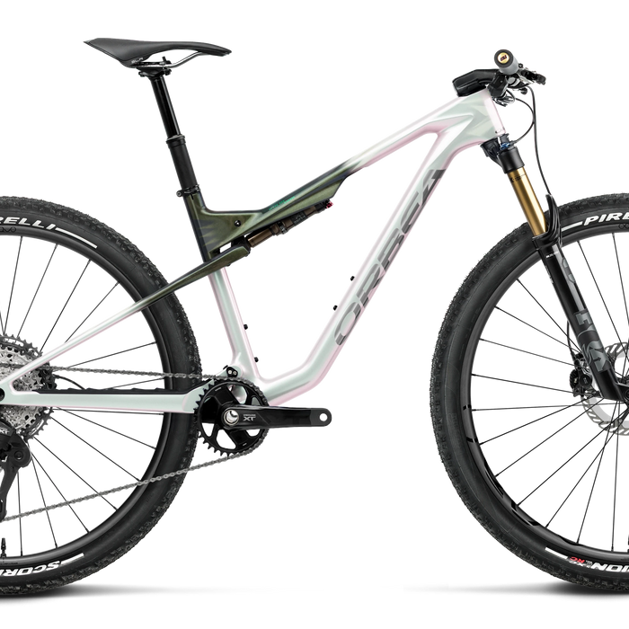 Orbea OIZ M-PRO Mountain Bike in Iris White - Seaweed Carbon View (Gloss), side view