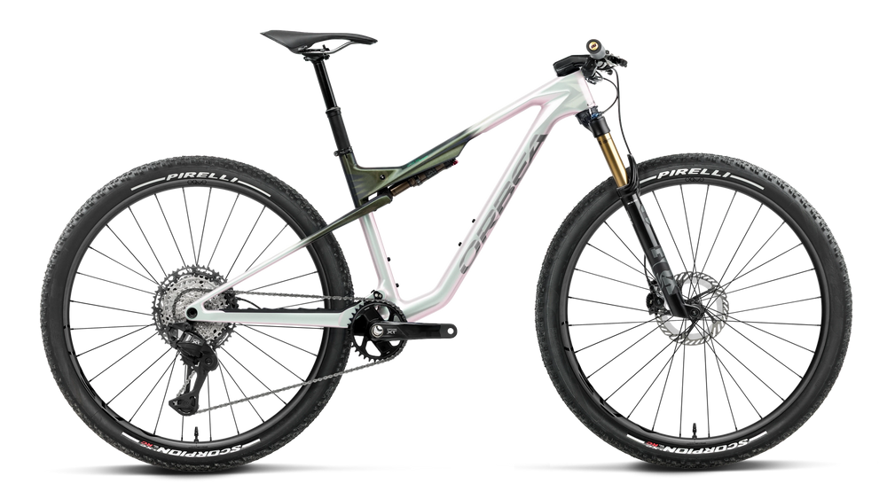 Orbea OIZ M-PRO Mountain Bike in Iris White - Seaweed Carbon View (Gloss), side view