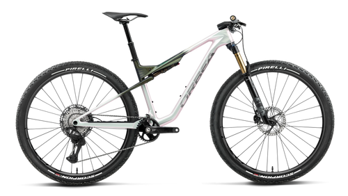 Orbea OIZ M-PRO Mountain Bike in Iris White - Seaweed Carbon View (Gloss), side view