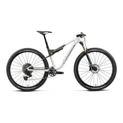 Orbea OIZ M-TEAM AXS Mountain Bike in Iris White - Seaweed Carbon View (Gloss), side view