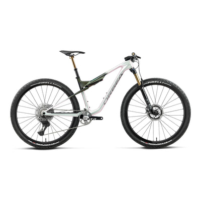 Orbea OIZ M-TEAM FACTORY Mountain Bike in Iris White - Seaweed Carbon View (Gloss), side view