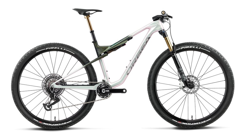 Orbea OIZ M-LTD Mountain Bike in Iris White - Seaweed Carbon View (Gloss), side view