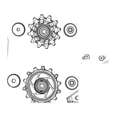 SRAM Rear Derailleur Ceramic Pulley Kit Red AXS E1 (Includes 12T Upper Pulley And 14T Lower Metal Spider Pulley, 18.5mm And 12.8mm Titanium Pulley Sc (SRAM spare parts catalogue drawing)
