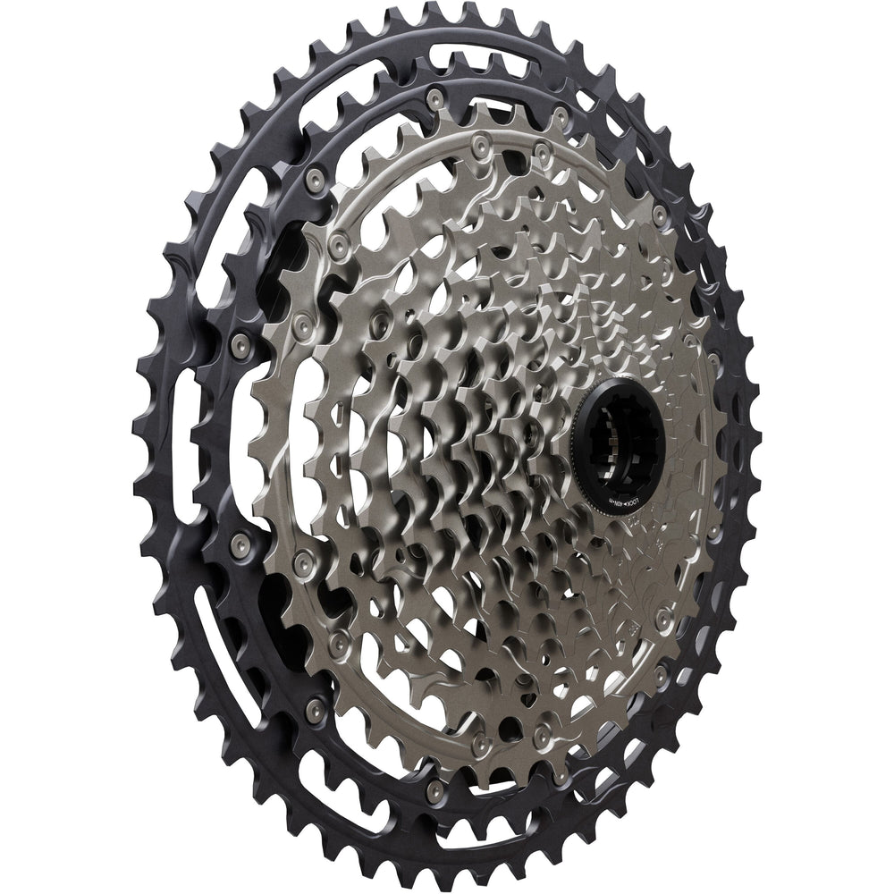 Angled view of Shimano Deore XT CS-M8200 12-speed cassette