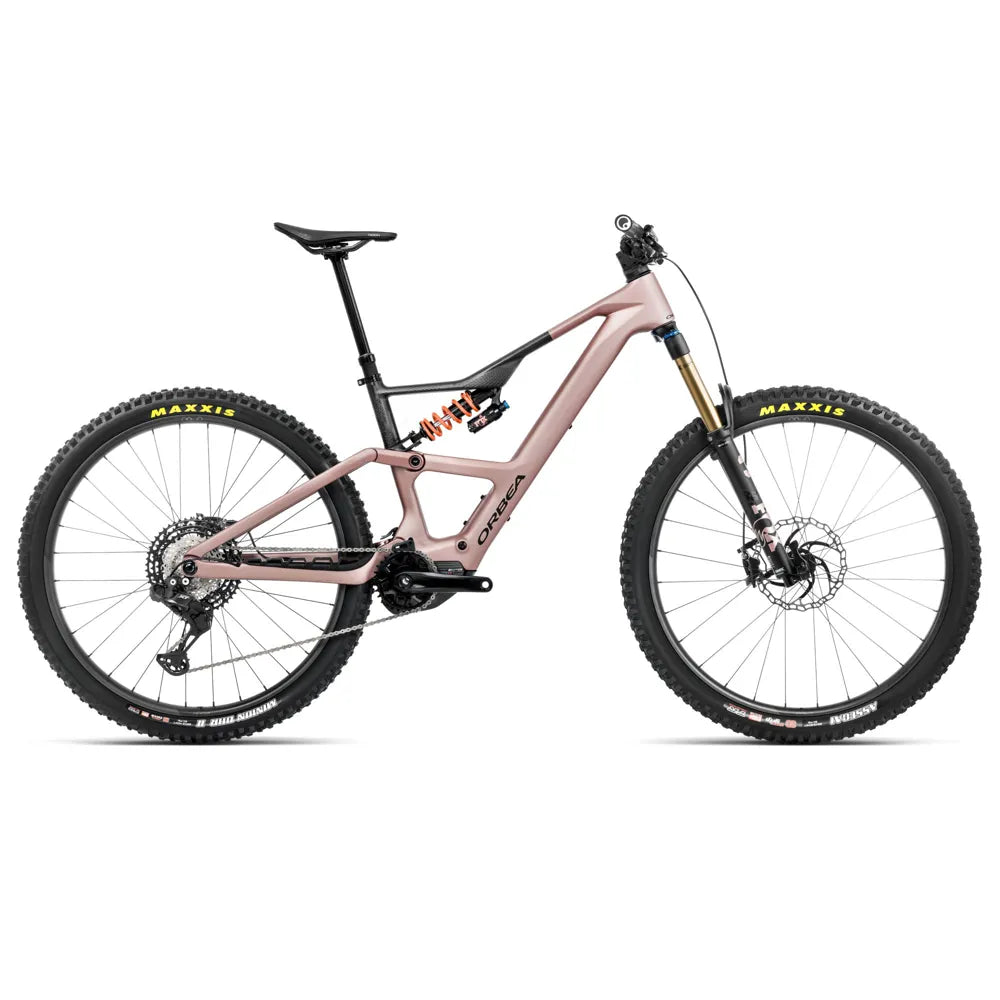 2025 Orbea Rise Lt M-Team 420W Carbon Electric Mountain Bike In Desert Rose And Carbon Raw