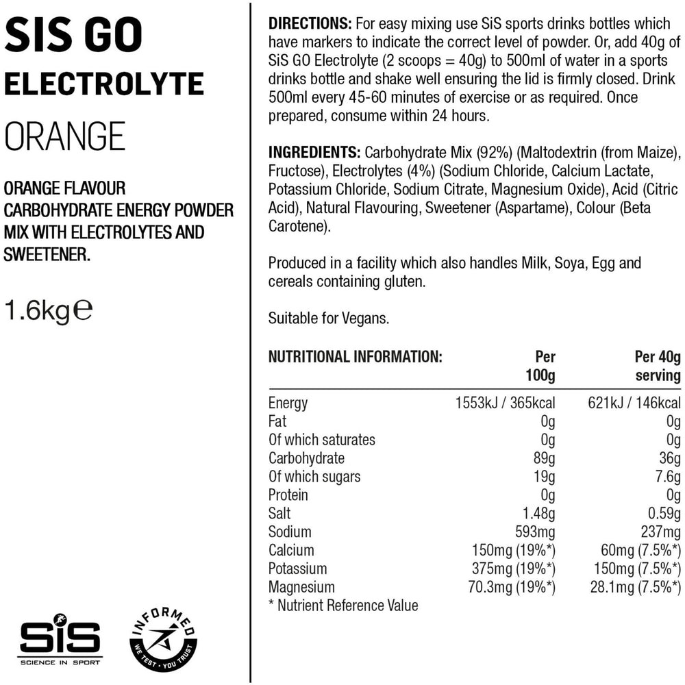 Science In Sport GO Electrolyte drink powder - 1.6 kg tub - orange