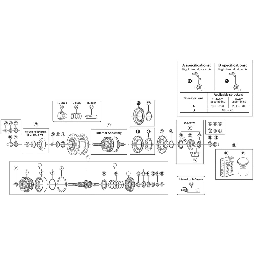 Shimano SM-8S31 fittings kit for 20deg / 38deg drop outs, black and grey (7R/7L)
