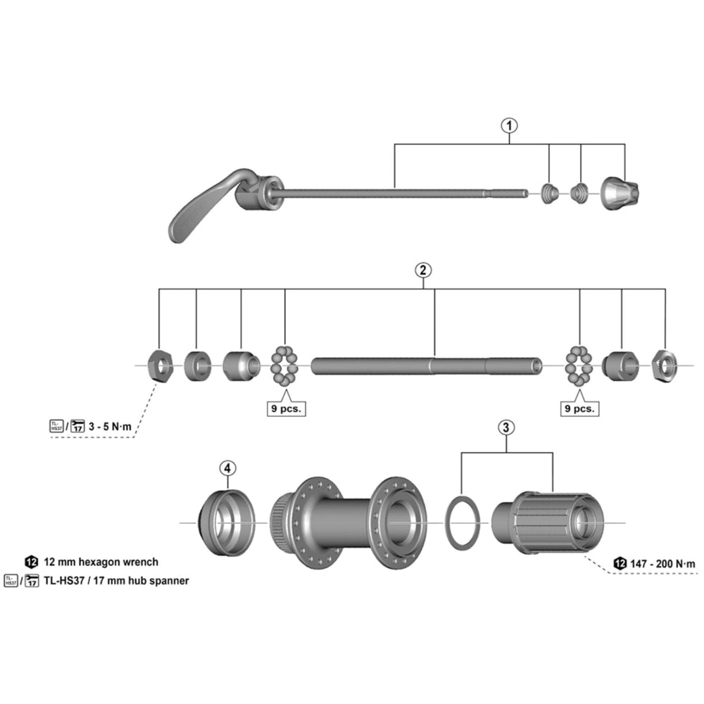 Shimano FH-TX505 complete hub axle, 146 mm