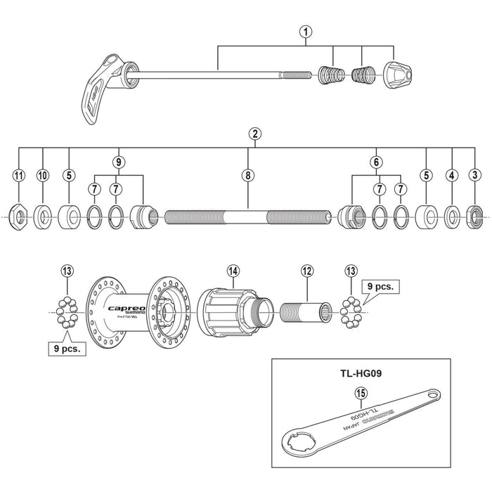 Shimano FH-F700 complete hub axle, 146 mm