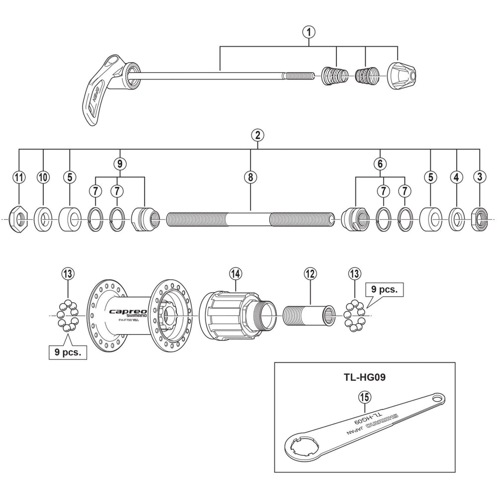 Shimano FH-F700 complete hub axle, 146 mm