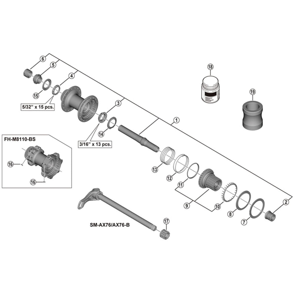 Shimano FH-M8110-B complete hub axle, 148mm